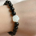 Black Agate & Mother of Pearl Rose Bracelet – Handcrafted, Feminine Contrast Design