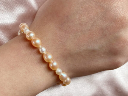 Natural Freshwater Orange & White Pearl Elastic Bracelet – Baroque Pearl Stretch Bracelet for Women, Handmade Pearl Jewelry